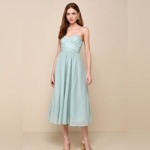 Fairytale Design Sage Green Organza Strapless A-Line Midi Dress